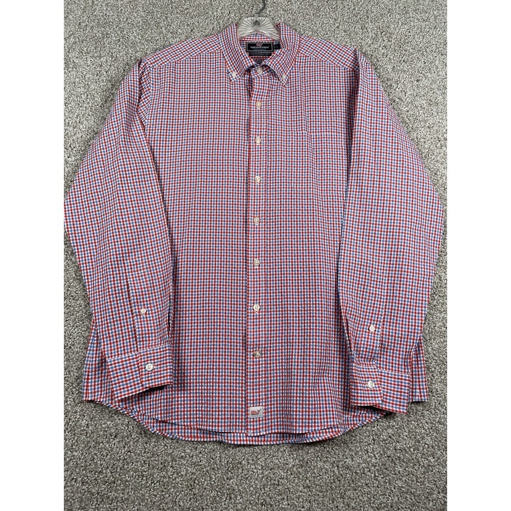 Vineyard Vines Shirt Mens Large Red Blue Performance Seersucker Slim Fit Murray